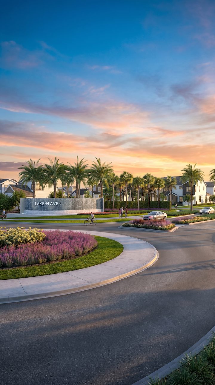 Waterfall entrance sign and landscaped roundabout for Del Webb Lakehaven, a 55+ community in Clermont, Florida.
