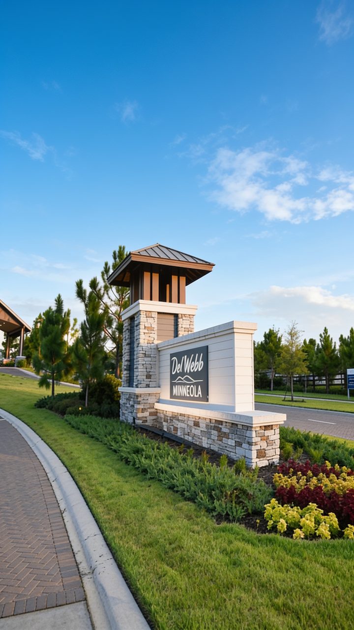 Stone and wood entrance monument for Del Webb Minneola, a 55+ active adult community in Minneola, Florida.